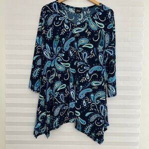 Jostar Blue Paisley V-Neck Sharkbite Hem Tunic Top 3/4 Sleeve XL Made in USA